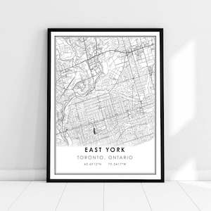 East York carte imprimer poster canvas | Carte de l’Ontario imprimer la toile de l’affiche | Est-york carte de la ville imprimer poster canvas
