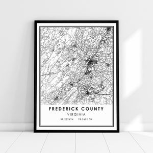 Carte du comté de Frederick imprimer poster canvas | Carte du comté de Frederick imprimer poster canvas | Carte de Virginie imprimer poster toile | Carte moderne de Frederick