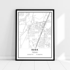 May include: A black and white line art map of Buda, Texas. The map shows the city's streets and landmarks. The text "Buda, Texas" and the coordinates "30.0817°N 97.8429°W" are printed below the map.