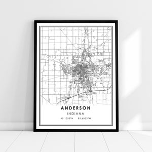 May include: Black and white map print of Anderson, Indiana with the city name and coordinates 40.1053°N 85.6803°W.