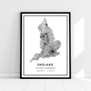 Angleterre carte du pays imprimer poster canvas | Carte du Royaume-Uni imprimer poster canvas | Carte de l’Angleterre imprimer poster canvas