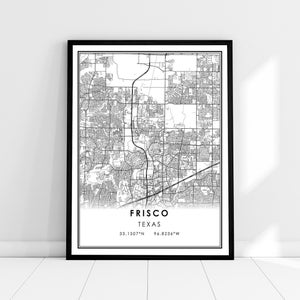 May include: Black and white map print of Frisco, Texas with the city name and coordinates in the bottom right corner. The map shows the street layout of the city.