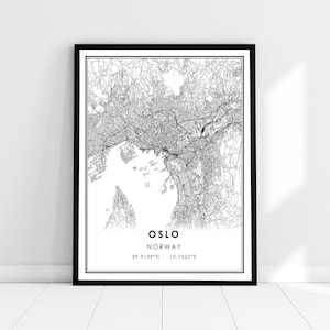 May include: Black and white line art map print of Oslo, Norway. The map shows the city streets and includes the text "Oslo, Norway, 59.9139&deg;N 10.7522&deg;E".