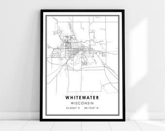 Whitewater map print poster canvas | Wisconsin map print poster canvas | Whitewater city map print poster canvas