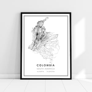 Carte du pays Colombie imprimer poster toile | Carte routière Colombie imprimer poster canvas