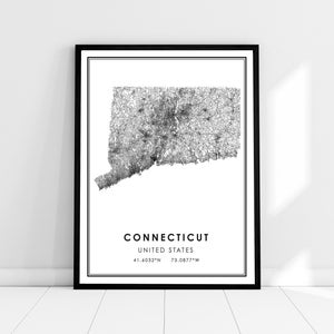 May include: Black and white line art map of Connecticut, United States. The map shows the state's roads and highways. The text "CONNECTICUT" and "UNITED STATES" is below the map, along with the coordinates "41.6032°N 73.0877°W".
