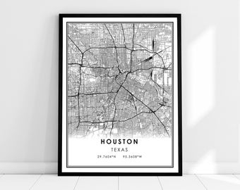 A Unique Travel Gift for Modern Home Decor Texas USA Houston TX City Map Print in Stained Glass Style