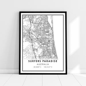 May include: Black and white map print of Surfers Paradise, Australia. The map shows the city streets and coastline. The text "Surfers Paradise, Australia" and the coordinates "28.0000° S 153.4167° E" are printed below the map.