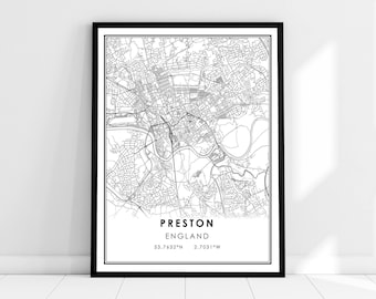 Preston map print poster canvas | England map print poster canvas | Preston city map print poster canvas