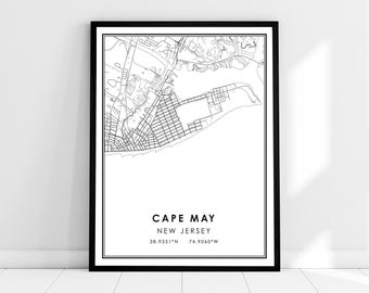 Cape May map print poster canvas | New Jersey map print poster canvas | Cape May city map print poster canvas
