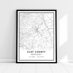Carte du comté de Clay imprimer une toile d’affiche | Carte du Kentucky imprimer poster canvas | Carte de la ville du comté de Clay imprimer une toile d’affiche