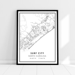 Surf City map print poster canvas | North Carolina map print poster canvas | Surf City city map print poster canvas