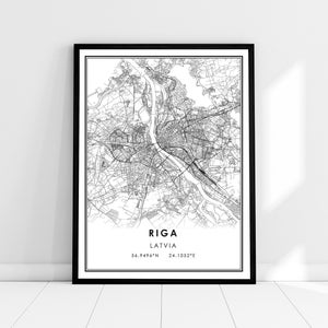 May include: Black and white map print of Riga, Latvia with the city name and coordinates. The map shows the city streets and waterways.
