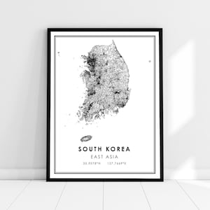 Carte de la Corée du Sud imprimer poster canvas | Carte d’Asie imprimer poster canvas | Feuille de route de la Corée du Sud imprimer une toile d’affiche