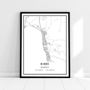 May include: Black and white map print of Kihei, Hawaii with the coordinates 20.7644°N 156.4450°W.