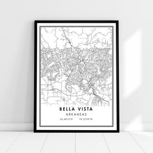 Bella Vista carte imprimer poster toile | Carte de l’Arkansas imprimer une toile d’affiche | Bella Vista carte de la ville imprimer poster canvas