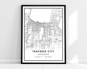 Traverse City map print poster canvas | Michigan map print poster canvas | Traverse City road map print poster canvas