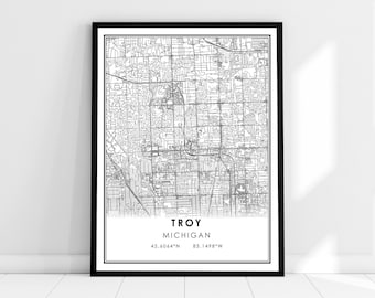 May include: Black and white map print of Troy, Michigan. The map shows the city streets and includes the city name and coordinates: 42.6064°N 83.1498°W.