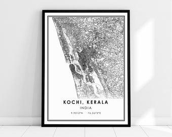 May include: Black and white map print of Kochi, Kerala, India. The map shows the city's streets and waterways. The text "Kochi, Kerala, India" and the coordinates "9.9312°N 76.2673°E" are printed below the map.