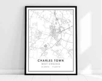 Puede incluir: Impresión de mapa en blanco y negro de Charles Town, Virginia Occidental. El mapa muestra las calles de la ciudad y sus alrededores. El texto "Charles Town, West Virginia, 39.2890°N, 77.8597°W" está impreso en la parte inferior del mapa.
