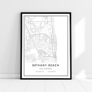 Bethany Beach carte imprimer poster toile | Carte du Delaware imprimer l’affiche | Bethany Beach carte de la ville imprimer poster canvas