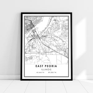 East Peoria carte imprimer poster toile | Carte de l’Illinois imprimer une toile d’affiche | Carte de la ville d’East Peoria imprimer poster canvas