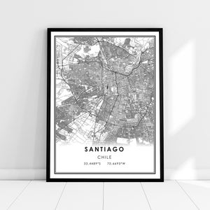 May include: Black and white map print of Santiago, Chile. The map shows the city's streets and landmarks. The text "Santiago, Chile" and the coordinates "33.4489°S 70.6693°W" are printed below the map.