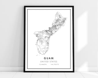May include: A black and white line art map of Guam, United States. The map shows the island's roads and cities. The text "GUAM, UNITED STATES, 13.4443°N, 144.7937°E" is printed below the map.