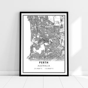 May include: Black and white map print of Perth, Australia. The map shows the city streets and landmarks. The text "PERTH AUSTRALIA 31.9505° S 115.8605° E" is printed below the map.