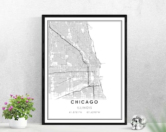 Chicago Map Poster City Wall Art Chicago Map Print Il Road Map Office Gift L24v4 Illinois Print Street Map Decor