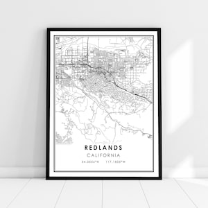Redlands carte imprimer poster canvas | Carte de Californie imprimer poster canvas | Carte de la ville de Redlands imprimer poster canvas
