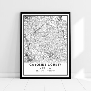Toile d'affiche d'impression de carte du comté de Caroline | Toile d'affiche d'impression de carte de ville du comté de Caroline