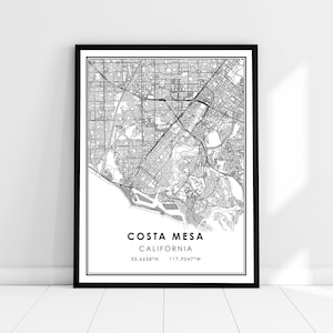 Costa Mesa carte imprimer poster toile | Carte de Californie imprimer poster canvas | Costa Mesa carte de la ville imprimer poster canvas