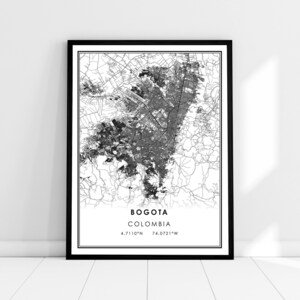 Carte de Bogota imprimer poster canvas | Carte de colombie imprimer poster toile |  Carte de la ville de Bogota imprimer poster canvas