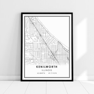 Toile d'affiche d'impression de carte de Kenilworth Illinois | Kenilworth ville carte impression affiche toile