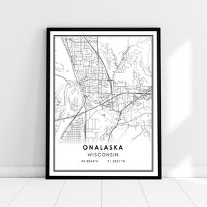 Onalaska carte imprimer poster toile | Carte du Wisconsin imprimer l’affiche | Onalaska carte de la ville imprimer poster canvas