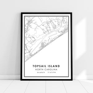 Topsail Island carte imprimer poster toile | Carte de Caroline du Nord imprimer poster canvas | Topsail Island carte de la ville imprimer poster canvas