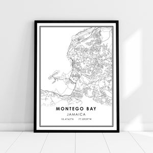 Montego Bay carte imprimer poster toile | Carte de la Jamaïque imprimer poster canvas | Carte de la ville de Montego Bay imprimer poster canvas
