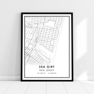 Carte Sea Girt imprimer poster canvas | Carte du New Jersey imprimer poster canvas | Sea Girt carte de la ville imprimer poster canvas