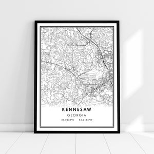 May include: Black and white line art map of Kennesaw, Georgia. The map shows the city's streets and landmarks. The text "Kennesaw, Georgia" and the coordinates "34.0234°N 84.6155°W" are printed below the map.