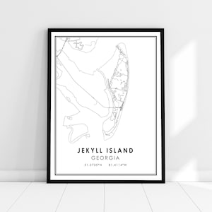 Carte de l’île Jekyll imprimer poster canvas | Carte de Géorgie imprimer poster canvas | Carte de la ville de Jekyll Island imprimer poster canvas
