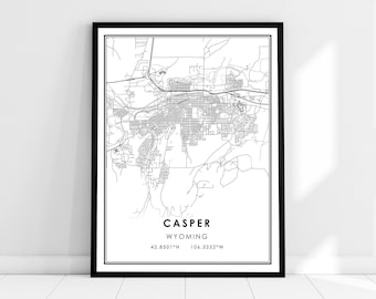 Lienzo de póster de impresión de mapa de Casper / Lienzo de póster de impresión de mapa de Wyoming / Lienzo de póster de impresión de mapa de la ciudad de Casper
