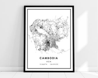 Cambodia country map print poster canvas | Cambodia Country road map print poster canvas