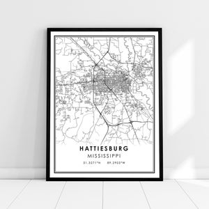 Hattiesburg map print poster canvas | Mississippi map print poster canvas | Hattiesburg city map print poster canvas