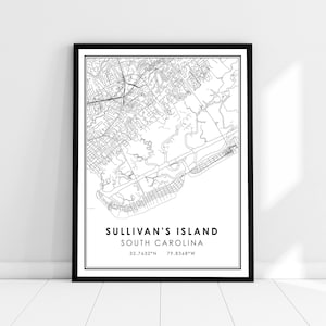 Carte de l’île Sullivan imprimer une toile d’affiche | Carte de Caroline du Sud imprimer poster canvas | Sullivan’s Island carte de la ville imprimer poster canvas