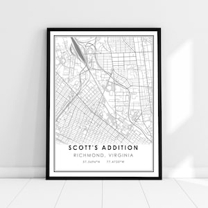 May include: A framed black and white map print of Scott's Addition, Richmond, Virginia. The print includes the neighborhood name, city, state, and coordinates 37.5696°N 77.4720°W. The map features detailed street layouts and is encased in a black frame.