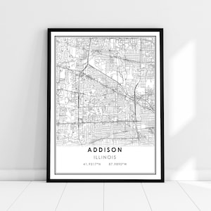 Addison carte imprimer poster canvas | Carte de l’Illinois imprimer une toile d’affiche | Carte de la ville d’Addison imprimer poster canvas