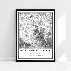 Carte du comté de Montgomery imprimer la toile d’affiche | Maryland Street carte imprimer poster canvas | Carte de la ville du comté de Montgomery imprimer poster canvas