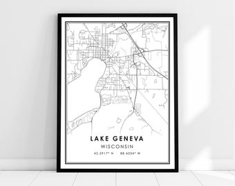 Lake Geneva map print poster canvas | Wisconsin map print poster canvas | Lake Geneva city map print poster canvas