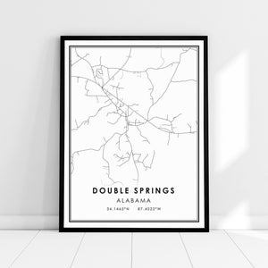 Double Springs carte imprimer poster canvas | Double Springs carte imprimer poster canvas | Plan de la ville Alabama imprimer poster toile | Carte moderne